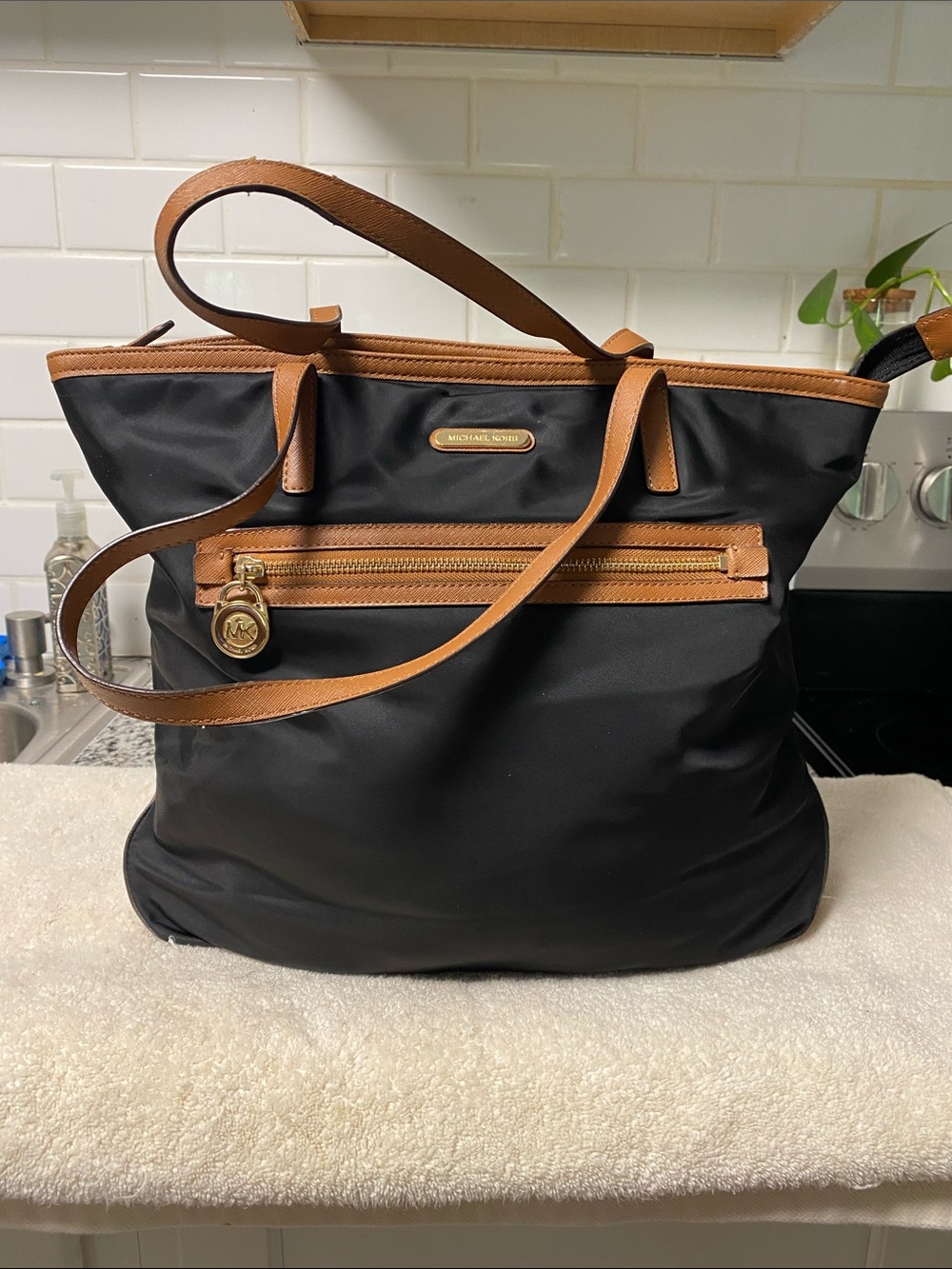 Michael Kors Black Nylon Tote with Brown Leather Trim and Gold Accent